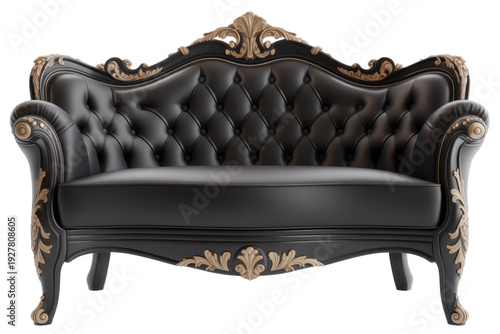 Black leather sofa with gold accents and tufted backrest isolated on a transparent background