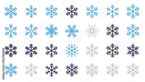 Collection of Various Snowflake Designs in Different Colors and Styles for Winter Theme Concepts