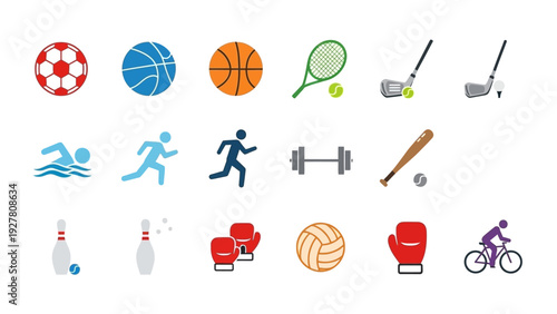 Collection of Various Sports Equipment and Activities Icons in a Colorful Set for Fitness and