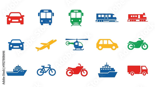 Collection of various transportation vehicles including cars trains airplanes and boats in