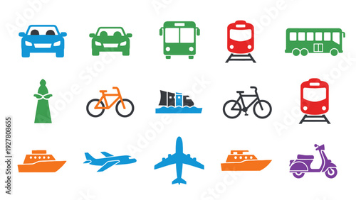 Collection of various transportation modes including cars buses trains boats planes and bicycles