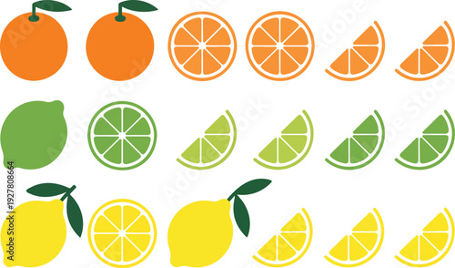 Set of 18 flat citrus fruit illustrations featuring oranges, lemons, and limes as whole fruits, halves, and wedges.