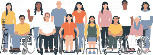 Inclusive community illustration featuring a diverse group of people with various ethnicities and physical abilities including wheelchair users.