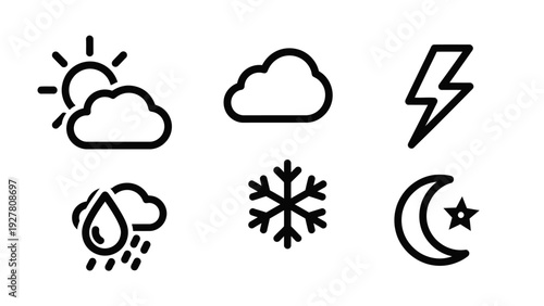 Collection of weather icons representing sunshine rain snow cloud and moon symbols for weather