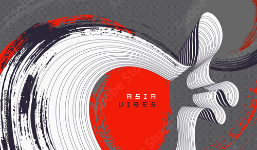 Asia style red bright vector abstract background, painted wallpaper in Japan style, dynamic lines in 3D perspective.