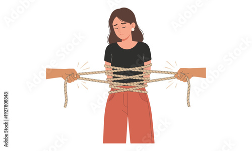 Woman bound with rope, hands pulling, feeling constrained and pressured