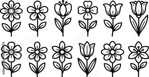 Set of 12 black floral icons vector