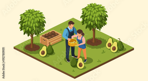 Man and Woman Harvesting Avocados Together.