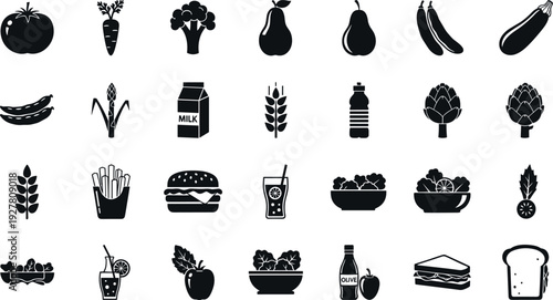 Food and Grocery Silhouette Icon Set Featuring Fruits, Vegetables, Fast Food, Drinks, Organic Ingredients, and Nutrition Concept Symbols