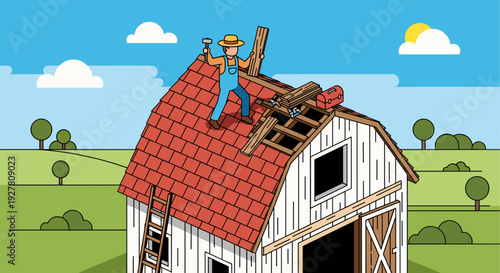 Man Working on Barn Roof Repair.