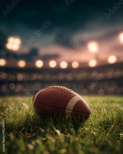 Wallpaper Mural Close view of leather football resting on grass field with stadium lights during evening game. Torontodigital.ca