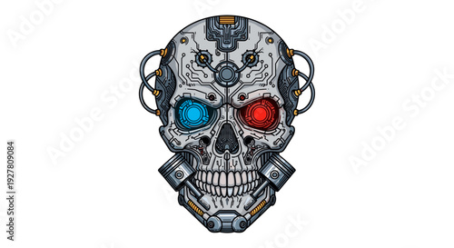 Mechanical Skull with Cyborg Eyes and Metal Jaw.