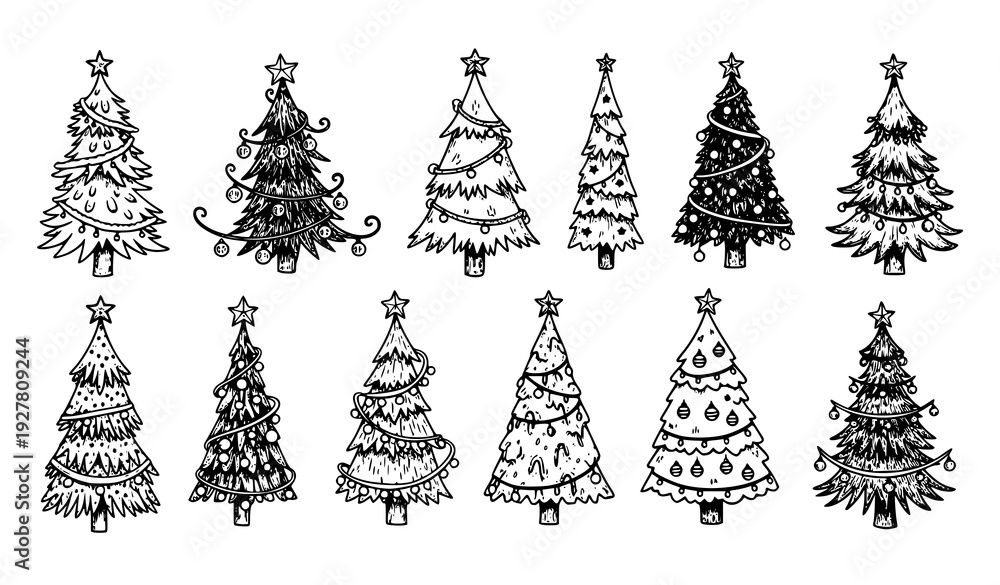 Obraz premium Hand drawn black and white Christmas tree vector illustration set