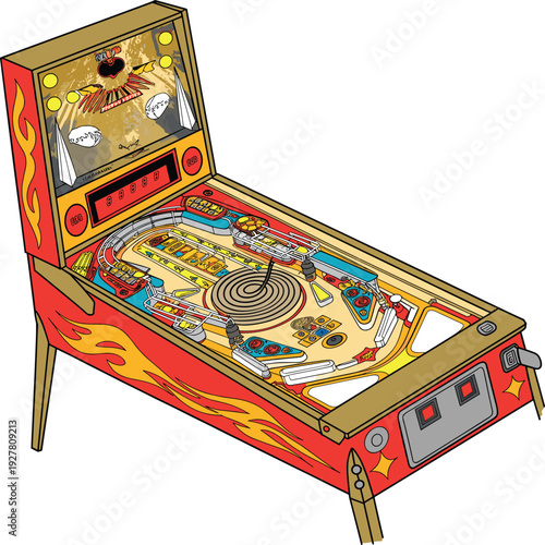Vintage pinball machine arcade game with colorful playfield and retro design isolated on white background illustration