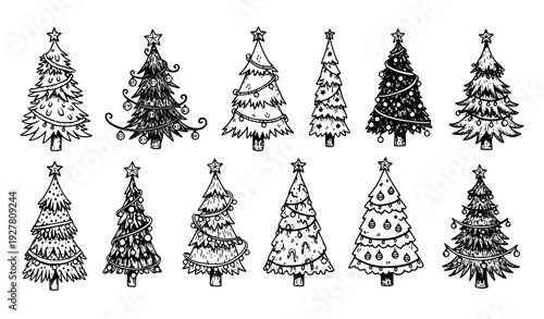 Hand drawn black and white Christmas tree vector illustration set