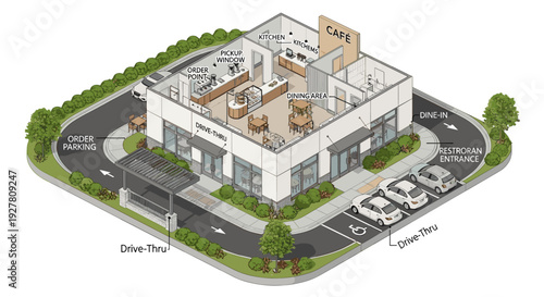 Modern Office Building with Parking Lot.