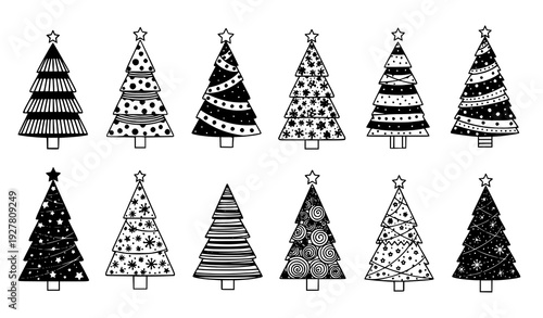 Black and white patterned Christmas tree vector set isolated on white