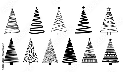 Minimalist black and white Christmas tree illustration collection
