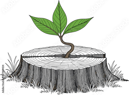 Young green plant sprouting from tree stump symbolizing environmental renewal and sustainable growth isolated on white background
