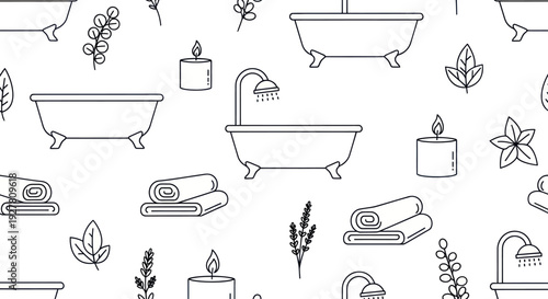 Seamless pattern of bathtub, candle, and towels for spa relaxation.