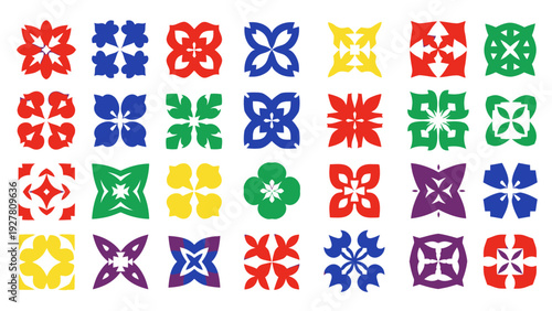 Colorful geometric floral patterns with diverse shapes and vibrant hues for decorative design