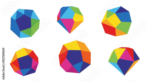 Colorful geometric polyhedra set with vibrant multi-colored shapes for design and illustration