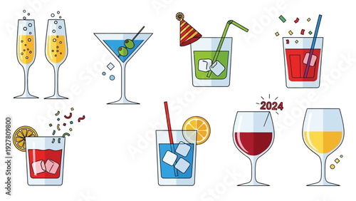 Colorful Illustration of Various Cocktails and Mixed Drinks with Ice and Decorations Celebrating
