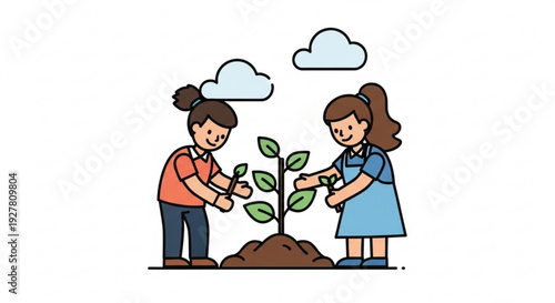 Two girls planting a green sapling together outdoors with clouds