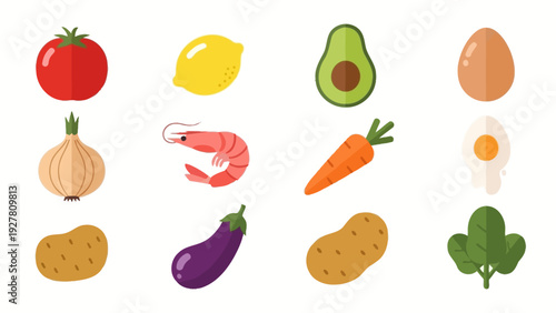 Colorful Illustration of Various Fresh Fruits and Vegetables Set Against a White Background