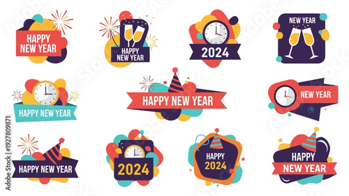 Colorful New Year Celebration and 2024 Greetings with Party Elements and Clocks