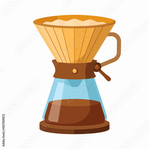 Side-view illustration of a pour-over coffee maker featuring a clear glass cone, yellow filter holder, brown leather strap and handle, highlighting the brewing process in a warm kitchen environment
