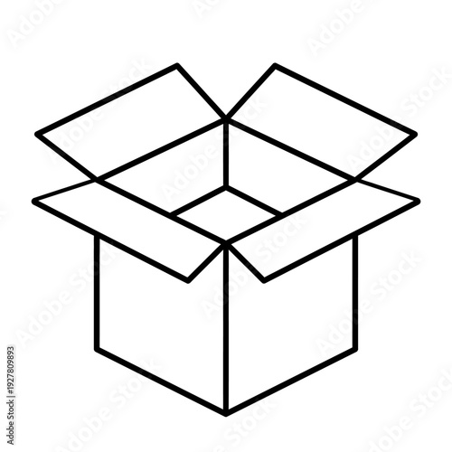 Showing an open cardboard box as a simple line drawing, centered with its top flaps up, placed against a plain white background, captured from an angled front viewpoint
