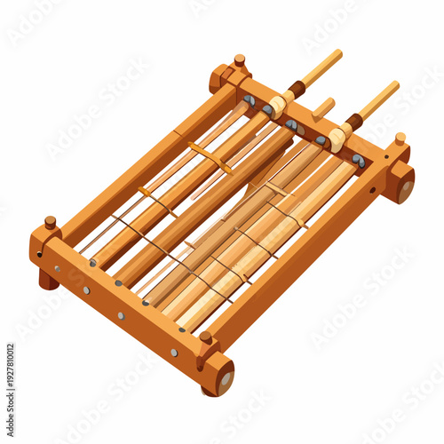 Close-up angled view of a wooden rectangular slatted furniture piece with metal fasteners and cylindrical handles, rendered in 3D on a clean white studio background
