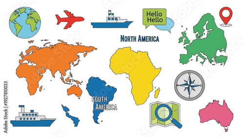 Colorful World Map Illustration Highlighting Continents with Icons and Labels for Geography and