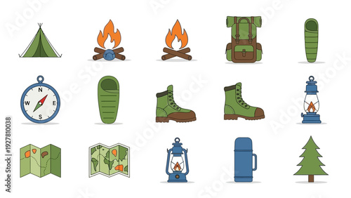 Complete camping gear collection including tent, fire, backpack, boots, lantern, and map for