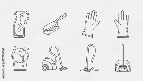 Comprehensive Cleaning Tools and Hand Sanitation Icons for Hygiene and Maintenance