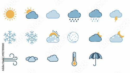 Comprehensive Collection of Weather Icons Showing Sun, Cloud, Rain, Snow, Thunderstorm and Other