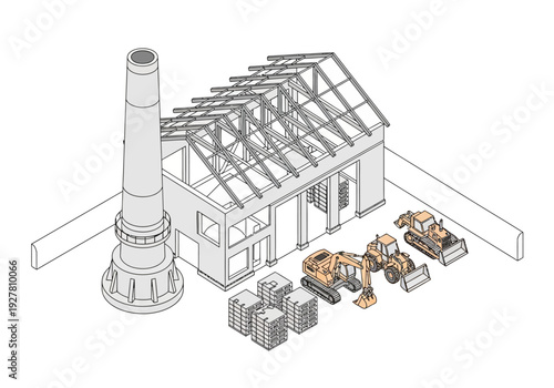 Construction machinery and building materials, including excavators, loaders, and brick stacks, arranged around a house frame with a chimney