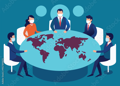 Global leaders and business executives in masks hold an emergency meeting around a world map table.