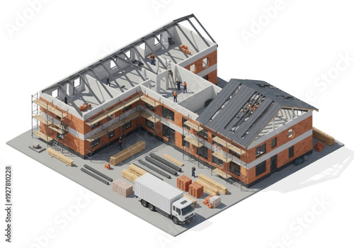 Construction site with building in progress, scaffolding, and delivery truck