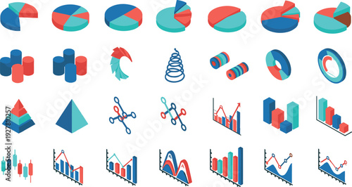 Colorful Data Visualization Icon Set Featuring Charts Graphs Analytics Statistics and Business Infographic Elements for Dashboards Reports and Presentations