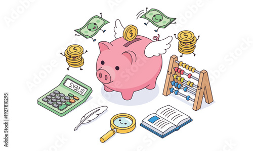 Piggy Bank with Money and Financial Education Tools on White