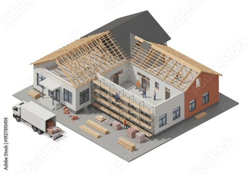 Construction of a residential building, showcasing the entire process from foundation to roof, including materials and labor