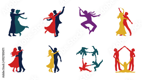 Diverse Silhouettes of Dancing Couples and Styles Emphasizing Movement and Rhythm