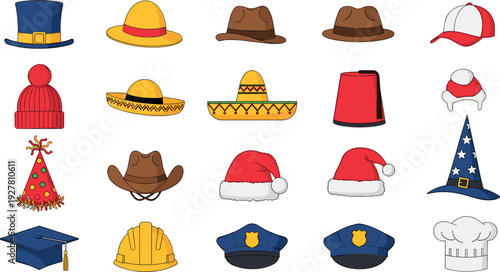 Colorful Hat and Headwear Icon Set Featuring Holiday Costume Uniform and Fashion Caps for Apps Games and Illustrations