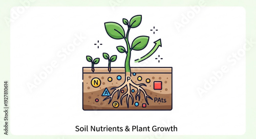 Soil nutrients and plant growth process with green seedlings sprouting in fertile ground with various chemical symbols