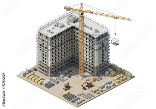 Construction site with a crane and building materials, isometric view