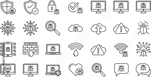 Computer Virus and Cybersecurity Icon Set with Malware, Bug, Warning, Network Threat, and Protection Symbols for IT Security, Software, and Vector Designs