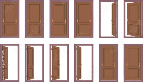 Set of 12 wooden door illustrations showing a frame-by-frame animation of a door opening and closing.