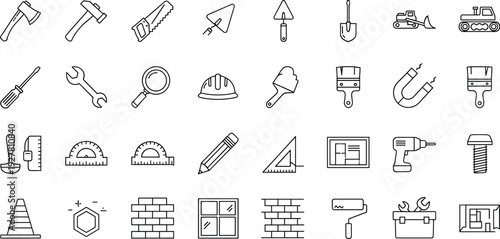 Construction Tools and Building Equipment Line Icon Set with Hammer, Drill, Wrench, Measuring Tools, Safety Gear, and Industrial Work Symbols